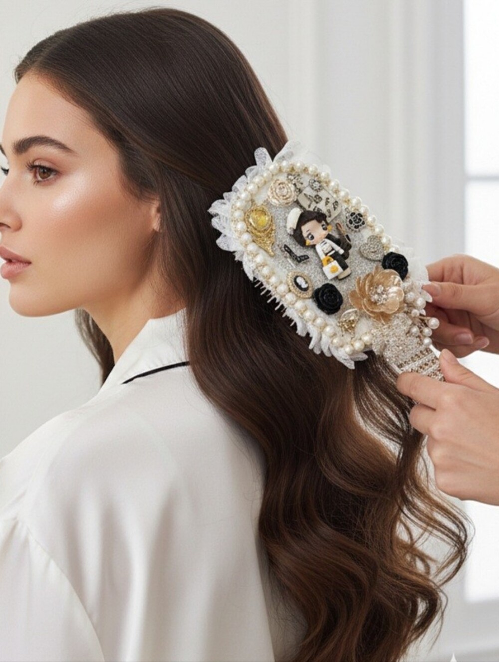 Handheld Fancy Beauty Hair Brush Bling Embellished Decorated White Gold